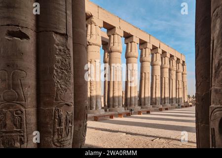 Luxor, Egitto - dicembre 26 2023: Colonne del Tempio di Luxor, un grande tempio egizio antico, sponda orientale del Nilo Foto Stock