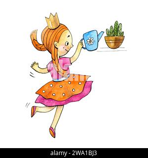 La principessa delle ragazze annaffia piante e fiori. Illustrazione acquerello. Disegnato a mano Foto Stock