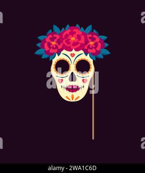 Maschera per cabina fotografica Dead Day con oggetti di scena. Messicano dia de los muertos Holiday Katrina Sugar Skull con motivi, colori vivaci e corona di fiori. Delicato equilibrio tra bellezza e inquietudine per festeggiare Illustrazione Vettoriale