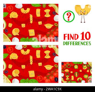 Scopri dieci differenze in un gruppo di divertenti personaggi della pasta italiana con quiz su sfondo vettoriale con pomodoro e basilico. Foglio di lavoro per tagliatelle, farfalle, ravioli, eliche Illustrazione Vettoriale