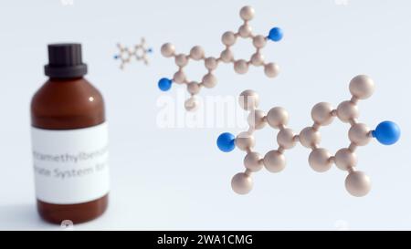 Rendering 3d di 3,3′,5,5′-tetrametilbenzidina o molecole di TMB con flacone in vetro marrone. Questo reagente è utilizzato nei saggi immunosorbenti legati agli enzimi o E. Foto Stock