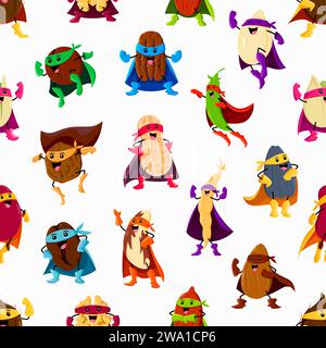 I personaggi dei supereroi dei cartoni animati, dei fagioli e dei legumi sono un motivo senza cuciture. Sfondo vettoriale con rene, soia, macadamia o mandorla. Cocco, pistacchio, arachidi e caffè con coraggiosi supereroi seme di zucca Illustrazione Vettoriale