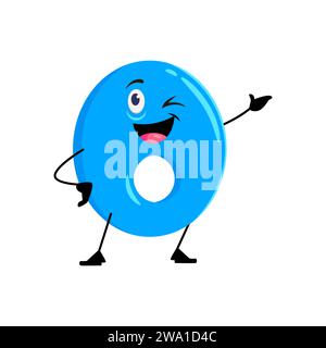 Personaggio numero matematico del cartone animato di 0 zero numerico con faccia divertente, icona matematica dei bambini vettoriali. Zero 0 carattere sorridente felice per lo studio di equazione aritmetica o emoji numerico di compleanno Illustrazione Vettoriale