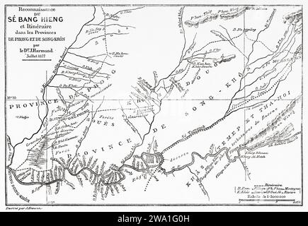 Vecchia mappa. Ricognizione del fiume XE Bang Hieng e rotta nelle province di Phong Hong-Vientiane e Ban Song Khon, Laos. Sud-est asiatico. Laos e le popolazioni selvatiche dell'Indocina 1877 del Dottor Jules Harmand (1845 - 1921) incisione del vecchio XIX secolo da le Tour du Monde 1880 Foto Stock