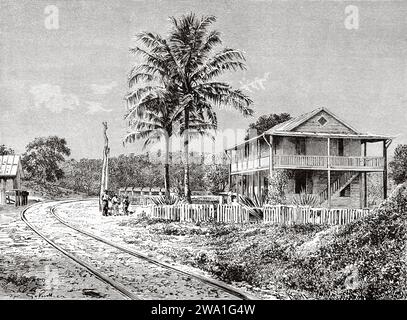 Ferrovia del Canale di Panama. Stazione ferroviaria di San Pablo e Ponte Barbacoas, Repubblica di Panama. America centrale. Esplorazioni nell'istmo di Panama e Darien 1876-1878 di Armand Reclus (1843 - 1927) incisione dell'antico XIX secolo da le Tour du Monde 1880 Foto Stock