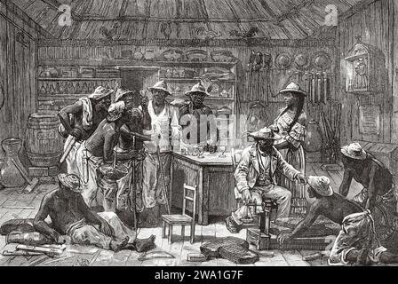 Vita quotidiana in una taverna in un villaggio indigeno nella provincia di Darien. Repubblica di Panama. America centrale. Esplorazioni nell'istmo di Panama e Darien 1876-1878 di Armand Reclus (1843 - 1927) incisione dell'antico XIX secolo da le Tour du Monde 1880 Foto Stock