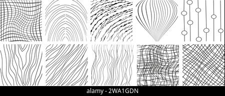 Linee di inchiostro isolate su sfondo bianco. Set di illustrazioni moderne di grafica a mano libera.raccolta di trame di linee disegnate a mano. Include tracciati vettoriali, griglia con tratti irregolari, orizzontali e ondulati, pattern di doodle. Illustrazione Vettoriale