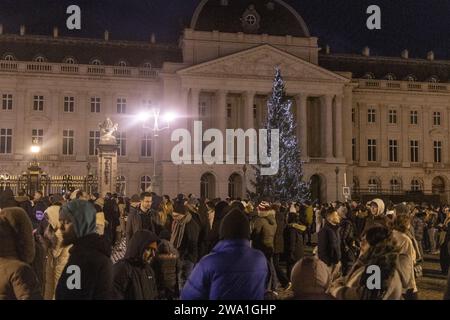 Bruxelles, Belgio. 31 dicembre 2023. Persone che guardano i fuochi d'artificio durante i festeggiamenti di Capodanno, domenica 31 dicembre 2023 a Bruxelles. BELGA PHOTO NICOLAS MAETERLINCK Credit: Belga News Agency/Alamy Live News Foto Stock