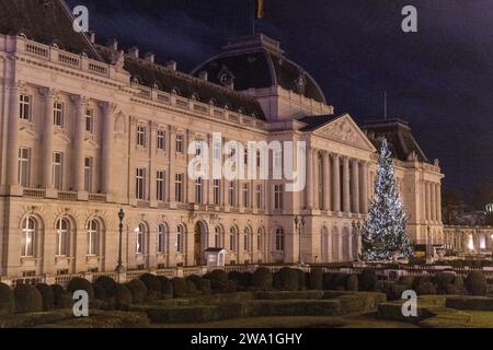 Bruxelles, Belgio. 31 dicembre 2023. La foto mostra l'albero di Natale di fronte al palazzo reale raffigurato durante le celebrazioni di Capodanno, domenica 31 dicembre 2023 a Bruxelles. BELGA PHOTO NICOLAS MAETERLINCK Credit: Belga News Agency/Alamy Live News Foto Stock