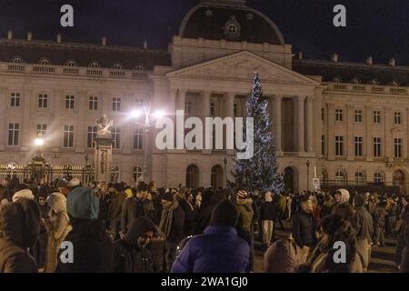 Bruxelles, Belgio. 31 dicembre 2023. Persone che guardano i fuochi d'artificio durante i festeggiamenti di Capodanno, domenica 31 dicembre 2023 a Bruxelles. BELGA PHOTO NICOLAS MAETERLINCK Credit: Belga News Agency/Alamy Live News Foto Stock