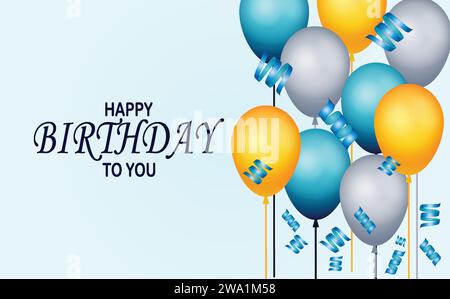 Buon compleanno. Buon compleanno a te testo con palloncini ed elementi decorativi per coriandoli per la celebrazione del giorno della nascita. Illustrazione Vettoriale