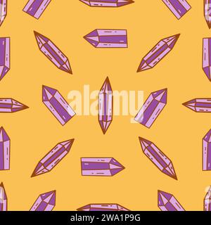 Motivo senza cuciture con diamanti viola cristallo. Gemstone Magic. Illustrazione vettoriale colorata disegnata a mano. Sfondo giallo, avvolgimento, stampa per Illustrazione Vettoriale