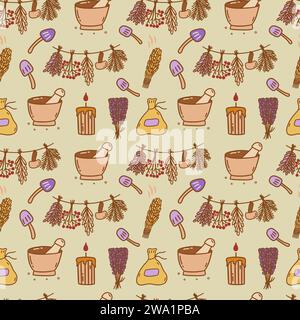 Ripetizione senza cuciture. Mazzi di erbe essiccate con funghi, candela e sacchetto, ciotola e pestello, salvia e lavanda. Erbalismo. Coloratissimo illust di doodle vettoriale Illustrazione Vettoriale