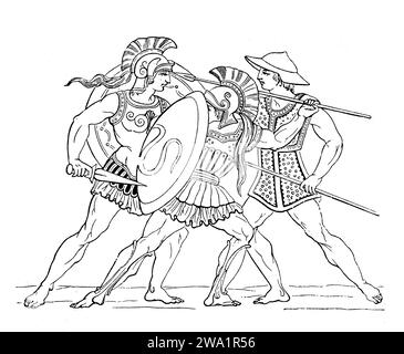 Antichi guerrieri greci che combattevano, rappresentazione incisiva del XIX secolo Foto Stock