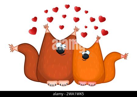 Coppia di scoiattoli di San Valentino e molti cuori rossi. Simpatici cartoni animati, due lampadari marroni. Un paio di simpatici scoiattoli innamorati. Dolce carattere chanterelle. Illustrazione Vettoriale