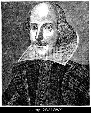 William Shakespeare (getauft AM 26. Aprile 1564 (Julianischer Kalender)-1616), drammaturgo inglese, come attore nel ruolo di 'Old Knowel' in Every Man in His Humour di Ben Jonson. Facsimile dell'incisione di Martin Droeshout sul frontespizio della prima edizione in folio delle opere di Shakespeare del 1623., , (libro di storia letteraria, 1896), William Shakespeare (getauft am 26. Aprile 1564 (Julianischer Kalender)-1616), englischer Dramatiker, als Schauspieler in der Rolle des 'Old Knowel' in Ben Jonsons 'Every Man in His humour'. Faksimile des Stichs von Martin Droeshout auf dem Titelblatte der erst Foto Stock