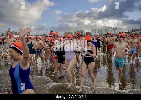 Scheveningen, Paesi Bassi. 1 gennaio 2024. SCHEVENINGEN - le persone si imbattono in mare sulla spiaggia di Scheveningen il giorno di Capodanno per le tradizionali immersioni di Capodanno. Per la prima volta dalla sua esistenza, l'immersione non ha avuto luogo di fronte al Kurhaus, perché il viale lì è stato aperto. ANP ROBIN VAN LONKHUIJSEN paesi bassi Out - belgio Out credito: ANP/Alamy Live News Foto Stock