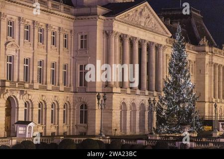 Bruxelles, Belgio. 31 dicembre 2023. La foto mostra l'albero di Natale di fronte al palazzo reale raffigurato durante le celebrazioni di Capodanno, domenica 31 dicembre 2023 a Bruxelles. BELGA PHOTO NICOLAS MAETERLINCK Credit: Belga News Agency/Alamy Live News Foto Stock