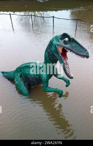 Stourport-on-Severn, Worcestershire, 1 gennaio 2024 - Dennis il dinosauro ha le ginocchia bagnate. - Il livello dell'acqua è salito attraverso Stourport-on-Severn lunedì, quando Storm Henk ha portato gravi avvertimenti di inondazione in gran parte del Regno Unito. Un modello di dinosauro in un campo da minigolf, chiamato Dennis dalla gente del posto che lo usa come misuratore dell'altezza delle inondazioni, è ora Geoffrey la Giraffa è anche "altezza delle spalle" nelle vicinanze. Un modello Zebra e Tiger potevano anche essere visti parzialmente sommersi. La fiera di Treasure Island è ora più isola come prima. Credito: Stop Press Media/Alamy Live News Foto Stock