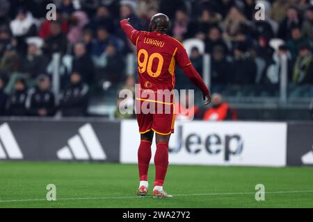 Romelu Lukaku della AS Roma gestures durante la partita di serie A tra Juventus FC e AS Roma allo Stadio Allianz il 30 dicembre 2023 a Torino. Foto Stock