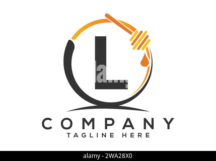 Logo delle api a nido d'ape con lettera L. Illustrazione vettoriale del carattere con logo Honey Illustrazione Vettoriale