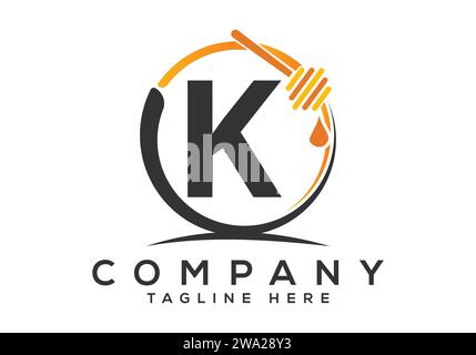 Logo delle api a nido d'ape con concetto di lettera K. Illustrazione vettoriale del carattere con logo Honey Illustrazione Vettoriale