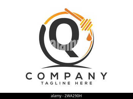 Logo delle api a nido d'ape con concetto di lettera Q. Illustrazione vettoriale del carattere con logo Honey Illustrazione Vettoriale