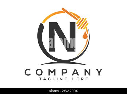 Logo delle api a nido d'ape con concetto N Letter. Illustrazione vettoriale del carattere con logo Honey Illustrazione Vettoriale