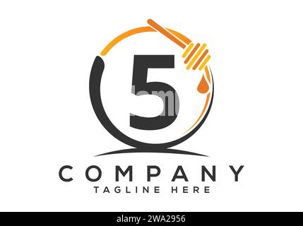 Logo delle api a nido d'ape con concetto di 5 lettere. Illustrazione vettoriale del carattere con logo Honey Illustrazione Vettoriale