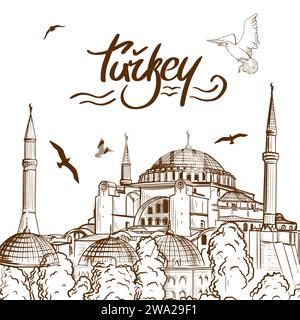 Disegno di Aya Sofya, Moschea di Hagia Sophia, Istanbul, Turchia. Elementi di design delle attrazioni turistiche turche. Illustrazione Vettoriale