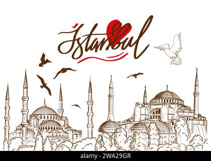 Disegno di un Ayasofya, la Moschea di Santa Sofia e la Moschea Blu, Istanbul, Turchia. Elementi di design delle attrazioni turistiche turche. Illustrazione Vettoriale