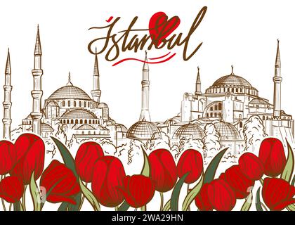 Disegno di un Ayasofya, la Moschea di Santa Sofia e la Moschea Blu, Istanbul, Turchia. Elementi di design delle attrazioni turistiche turche. Illustrazione Vettoriale