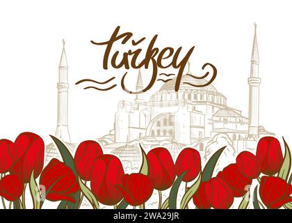 Modello di banner con disegno di Aya Sofya, Moschea di Santa Sofia, Istanbul, Turchia e fiori di tulipani. Design delle attrazioni turistiche turche Illustrazione Vettoriale
