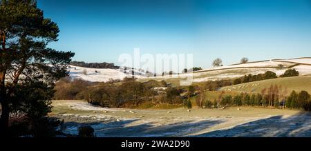 Regno Unito, Inghilterra, Cheshire, Rainow, inverno, Kerridge Hill e White Nancy sulla neve, panoramica Foto Stock