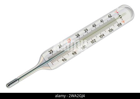 Termometro medico-clinico a mercurio che mostra la temperatura in gradi Fahrenheit e Celsius, rendering 3D isolato su sfondo bianco Foto Stock
