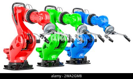 Bracci robotici colorati, rendering 3D isolato su sfondo bianco Foto Stock