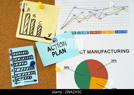 Concetto aziendale. Grafici e diagrammi di report sono appesi sulla bacheca, un adesivo con l'iscrizione - PIANO D'AZIONE Foto Stock