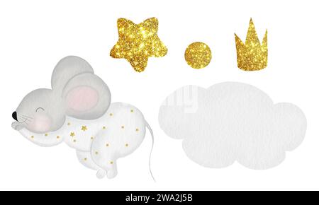 Grazioso set ad acquerello di un topo che dorme su un cuscino. Kawaii disegno di un bambino da stampare su cartoline e cartoline per bambini. Illustrazione nella Foto Stock