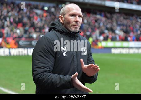 Londra, Inghilterra. 1 gennaio 2024. Il capo allenatore del Charlton Athletic Michael Appleton prima della partita Sky Bet EFL League One tra il Charlton Athletic e l'Oxford United. Kyle Andrews/Alamy Live News Foto Stock