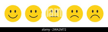 Emoji di valutazione impostate in giallo. Raccolta emoticon feedback. Emoji molto felici, felici, neutrali, tristi e molto tristi. Icona piatta impostata per la valutazione delle emoji. Illustrazione Vettoriale