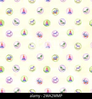 Pois astratto con giocattoli per bambini. Ripetizione senza cuciture. Coniglio, cavallo, piramide, uccello di legno. Cerchio in colori pastello tenui. Minimalista creativo Foto Stock