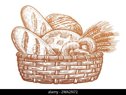 Cestino pieno di prodotti da forno. Pane e pasticceria, disegnare illustrazioni vettoriali vintage Illustrazione Vettoriale