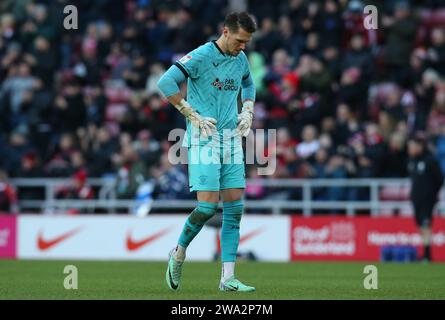 Sunderland lunedì 1 gennaio 2024. Il portiere del Preston North End Freddie Woodman durante il match per il campionato Sky Bet tra Sunderland e Preston North End allo Stadium of Light, Sunderland, lunedì 1 gennaio 2024. (Foto: Michael driver | mi News) crediti: MI News & Sport /Alamy Live News Foto Stock