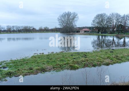 Prati inondati dall'inondazione del 2023 in Sassonia-Anhalt, Germania Foto Stock