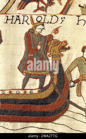 Harold Godwinson. Raffigurazione di Harold Godwinson (re Harold II - c. 1022-1066) sull'arazzo di Bayeux Foto Stock