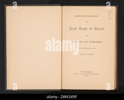 Rapporto annuale del Consiglio di Stato della salute dello Stato del New Hampshire, 1889 libro paper. supporto fotografico. cartone. stampa lino (materiale)/cianotipo Foto Stock