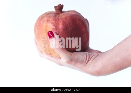 Una donna tiene in mano un melograno organico su uno sfondo isolato, primi piani, fotografia macro Foto Stock