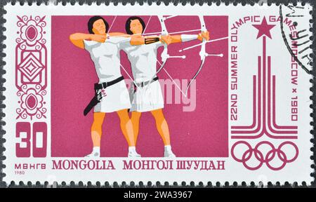 Francobollo cancellato stampato dalla Mongolia, che mostra i Giochi Olimpici estivi 1980 - Mosca, 1980 circa. Foto Stock