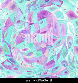 Sfondo multicolore simbolico astratto acquerello. Tinte calme disegnate a mano motivo senza cuciture. Astrazione acquerello. Uomo, donna, yin e yang h Foto Stock