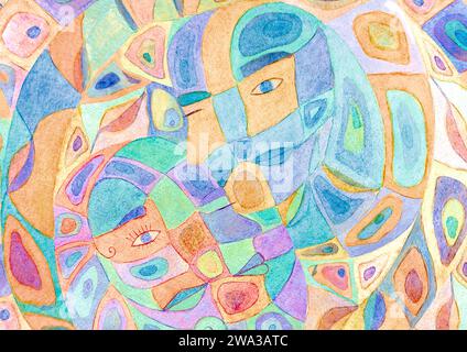 Sfondo multicolore simbolico astratto acquerello. Motivo a macchie di colore calme disegnate a mano. Astrazione acquerello. Uomo, donna, armonia yin e yang. H Foto Stock